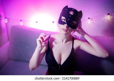Happy Woman Working As Internet Web Cam Model In Face Mask Cat, Pink Color.