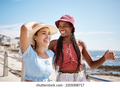 Happy Women, Friends And Summer Relax At Promenade Sea, Beach And Ocean For Fresh Air, Freedom And Fun In Miami Florida. Smile, Travel And Vacation Young People Excited For Sunshine Holiday Together