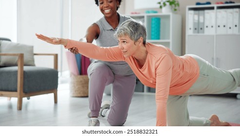 Happy women, physiotherapist and stretching with senior patient or personal trainer for yoga, workout or exercise at clinic. Female person, physio or phyiscal therapist helping elderly in pilates - Powered by Shutterstock