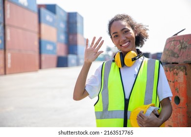 Happy Women Worker, Young Teen Girl Portrait Greeting At Shipping Cargo Work Site.