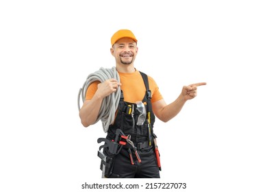 happy worker electrical technician with tools and cable, smile, in black - yellow uniform, on white background, isolated. Repair service concept - Shutterstock ID 2157227073