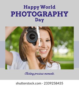 Happy world photography day text in blue with smiling caucasian woman using camera in park. Global celebration promoting photography, clicking precious moments campaign, digitally generated image. - Powered by Shutterstock