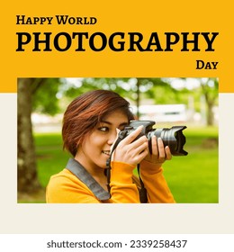 Happy world photography day text on yellow with smiling asian woman using camera in park. Global celebration promoting photography campaign, digitally generated image. - Powered by Shutterstock