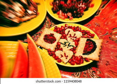 Happy Yalda Decoration On Biscuits With Pomegranate And Watermelon 