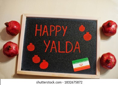 Happy Yalda Night. Iranian Traditional Holiday. Pomegranate Inscription On Blackboard, Flat Lay.