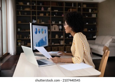 Happy young African American businesswoman in eyeglasses looking at computer monitor, analyzing online sales or marketing research graphs using modern technology gadgets, working with statistics. - Powered by Shutterstock