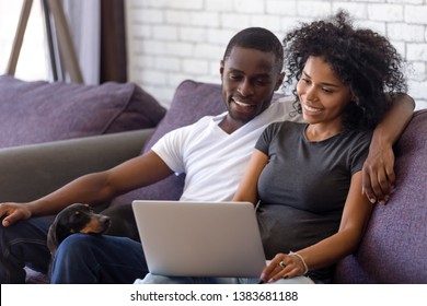 Happy Young African American Couple Relax On Couch With Small Dog, Using Laptop Watching Movies, Smiling Black Man And Woman Rest Together With Pet On Sofa Shopping Online Or Browsing Internet