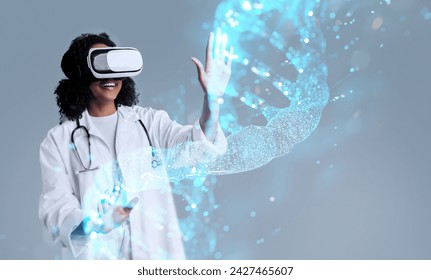 Happy young african american curly woman in white coat and vr glasses touches hologram of 3D model of DNA chain, grey background, studio. Treatment with technology, science, medicine, health care - Powered by Shutterstock