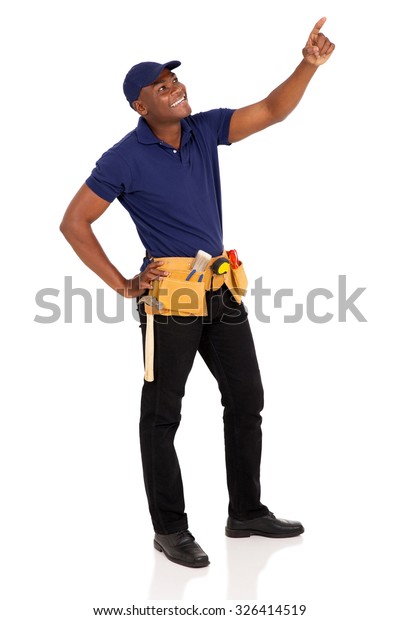 Happy Young African American Handyman Pointing Stock Photo (Edit Now ...