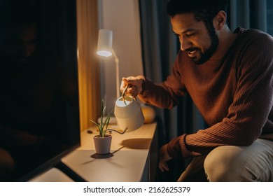 Happy Young African American Man Watering Plant At Home.