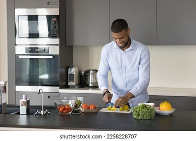 Happy young African chef man enjoying cooking hobby in contemporary home kitchen, chopping fresh vegetables on boars, preparing salad, smiling, laughing with appliance in background - Powered by Shutterstock