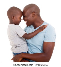 happy young african father and son isolated on white