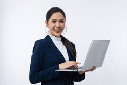 Happy Young Asian Businesswoman Holding Laptop Computer Isolated On White Background.