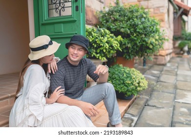Happy Young asian couple travel at old town italy style,Honeymoon couples after marriage,Toursit concept