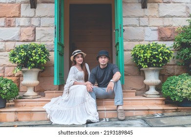 Happy Young Asian Couple Travel At Old Town Italy Style,Honeymoon Couples After Marriage,Toursit Concept