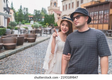 Happy Young Asian Couple Travel At Old Town Italy Style,Honeymoon Couples After Marriage,Toursit Concept