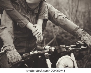 Happy Young Asian Love Sexy Couple Of Bikers On The Vintage Custom Motorcycle. Enjoying Themselves On Trip.Bikers Lovers. Rock Style. Vintage Feel.