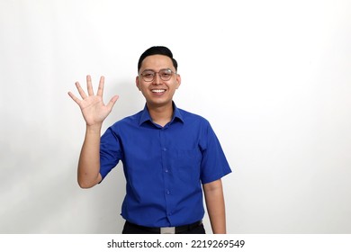 Happy Young Asian Man Standing While Showing Five Fingers. Isolated On White Background