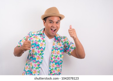 Happy Young Asian Man Wearing Summer Shirt For Songkran Festival In Thailand.