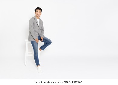 Happy Young Asian Startup Businessman Standing And Smiling In White Studio Isolated Background, Full Body Composition