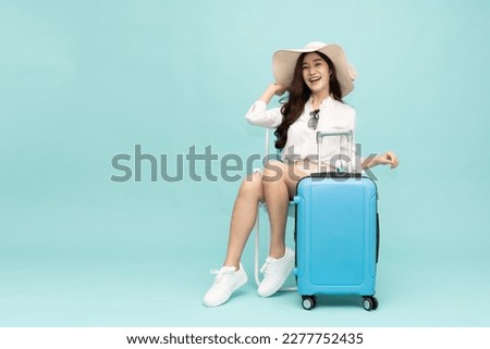 Image, Stock Photo Traveling with backpack concept image. Backpacker female in trekking boots crossing mountain river. Summer vacation trip