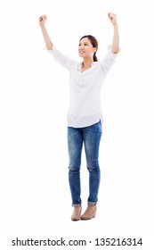 Happy Young Asian Woman Hands Up Shot Isolated On White Background.