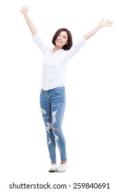 Happy Young Asian Woman Hands Up Isolated On Isolated On White Background.