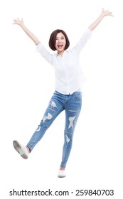 Happy Young Asian Woman Hands Up Isolated On Isolated On White Background.