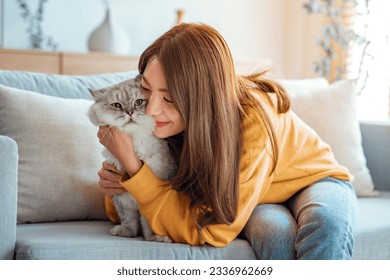 Happy young asian woman hugging cute grey persian cat on couch in living room at home, Adorable domestic pet concept. - Powered by Shutterstock