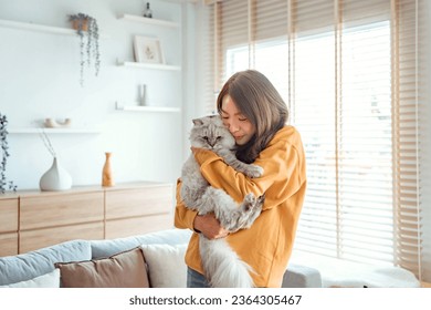 Happy young asian woman hugging cute grey persian cat on couch in living room at home, Adorable domestic pet concept. - Powered by Shutterstock