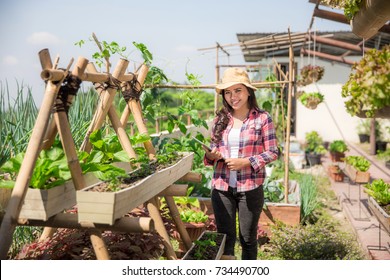 Happy Young Asian Woman In Rooftop Garden. Small Urban Farming
