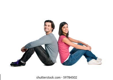 Happy Young Beautiful Latin Couple Relaxing Together While Sitting Isolated Over White Background