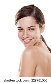 Happy young beautiful woman without make up posing on white background