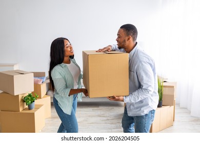 Happy Young Black Couple Carrying Cardboard Box Together, Helping Each Other On Moving Day. African American Tenants With Belongings Relocating To New Apartment, Free Space