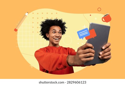 Happy Young Black Man Using Tablet, Engaging With Messages, Smiling In Vibrant Setting