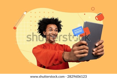 Happy Young Black Man Using Tablet, Engaging With Messages, Smiling In Vibrant Setting