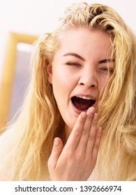 Happy Young Blonde Woman After Waking Up In Bathroom. Female Feeling Great Fresh And Clean.