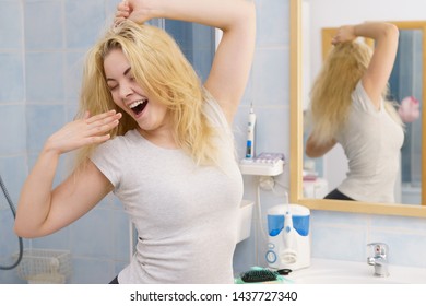 Happy Young Blonde Woman After Waking Up In Bathroom. Female Feeling Great Fresh And Clean.