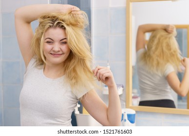 Happy Young Blonde Woman After Waking Up In Bathroom. Female Feeling Great Fresh And Clean.