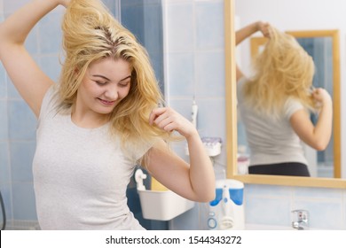 Happy Young Blonde Woman After Waking Up In Bathroom. Female Feeling Great Fresh And Clean.