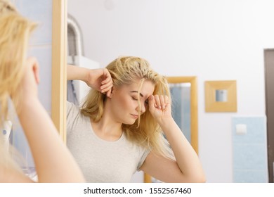 Happy Young Blonde Woman After Waking Up In Bathroom. Female Feeling Great Fresh And Clean.