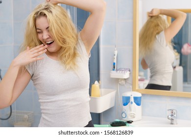 Happy Young Blonde Woman After Waking Up In Bathroom. Female Feeling Great Fresh And Clean.