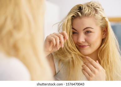 Happy Young Blonde Woman After Waking Up In Bathroom. Female Feeling Great Fresh And Clean.