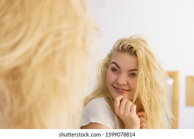 Happy Young Blonde Woman After Waking Up In Bathroom. Female Feeling Great Fresh And Clean.