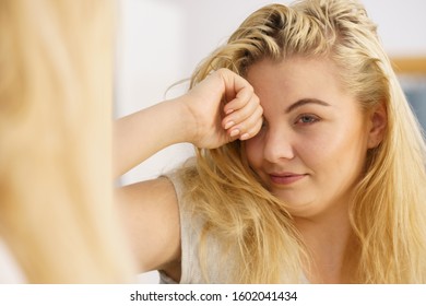 Happy Young Blonde Woman After Waking Up In Bathroom. Female Feeling Great Fresh And Clean.