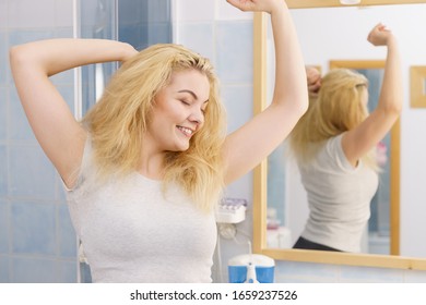 Happy Young Blonde Woman After Waking Up In Bathroom. Female Feeling Great Fresh And Clean.