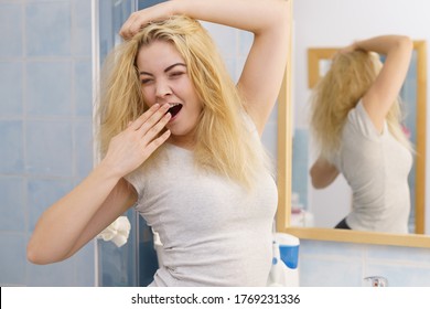 Happy Young Blonde Woman After Waking Up In Bathroom. Female Feeling Great Fresh And Clean.