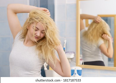 Happy Young Blonde Woman After Waking Up In Bathroom. Female Feeling Great Fresh And Clean.