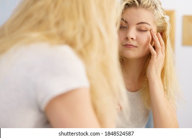 Happy Young Blonde Woman After Waking Up In Bathroom. Female Feeling Great Fresh And Clean.