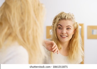 Happy Young Blonde Woman After Waking Up In Bathroom. Female Feeling Great Fresh And Clean.